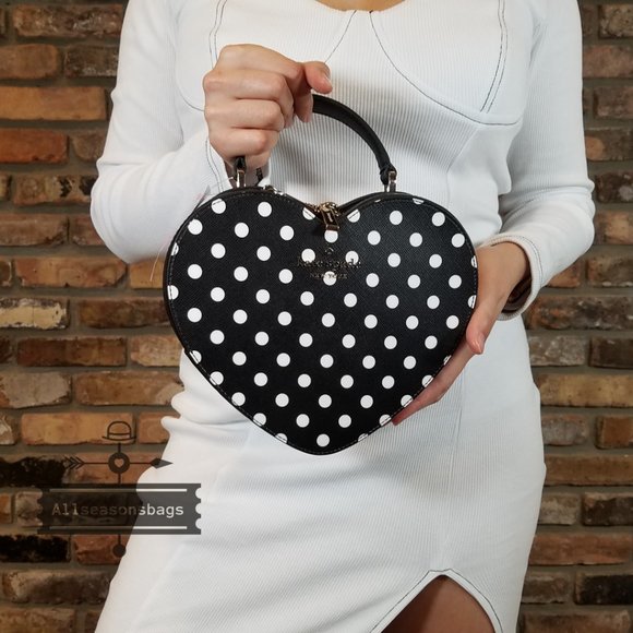 Authentic Kate Spade Heart LOVE SHACK POLKA dot crossbody BLACK WHITE NEW - Picture 3 of 13